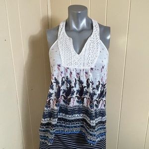 Almost Famous Women's Size M Crochet Tank Top Sleeveless White Blue Pasley Print
